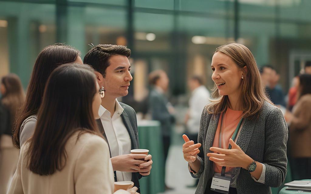 Alumna im Gespräch mit Studierenden bei einer Netzwerkveranstaltung auf einem Schweizer Campus