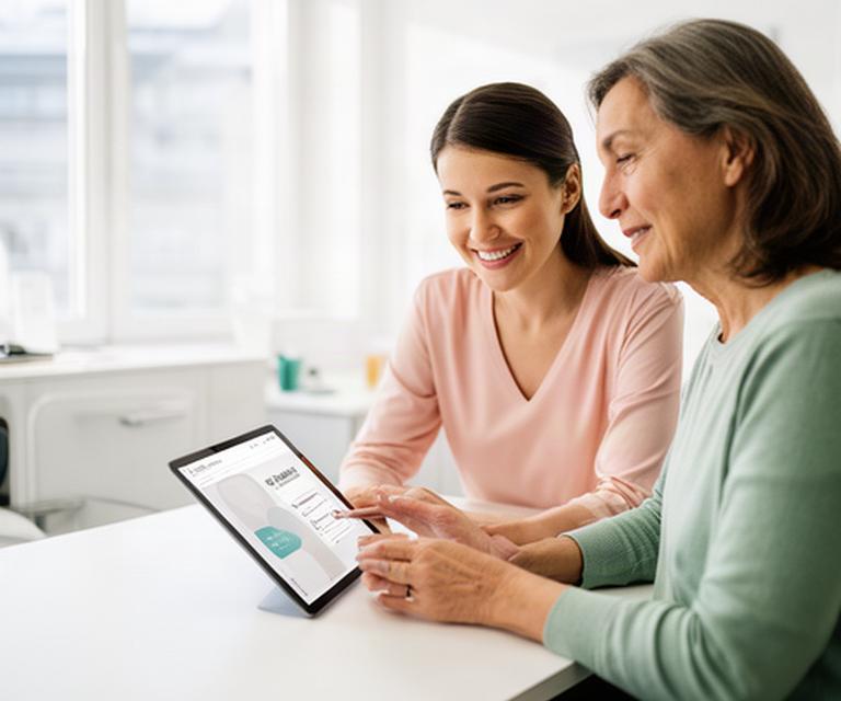 Beraterin und Patient in einem hellen Schweizer Gesundheitszentrum betrachten gemeinsam ein digitales Magazin auf einem Tablet