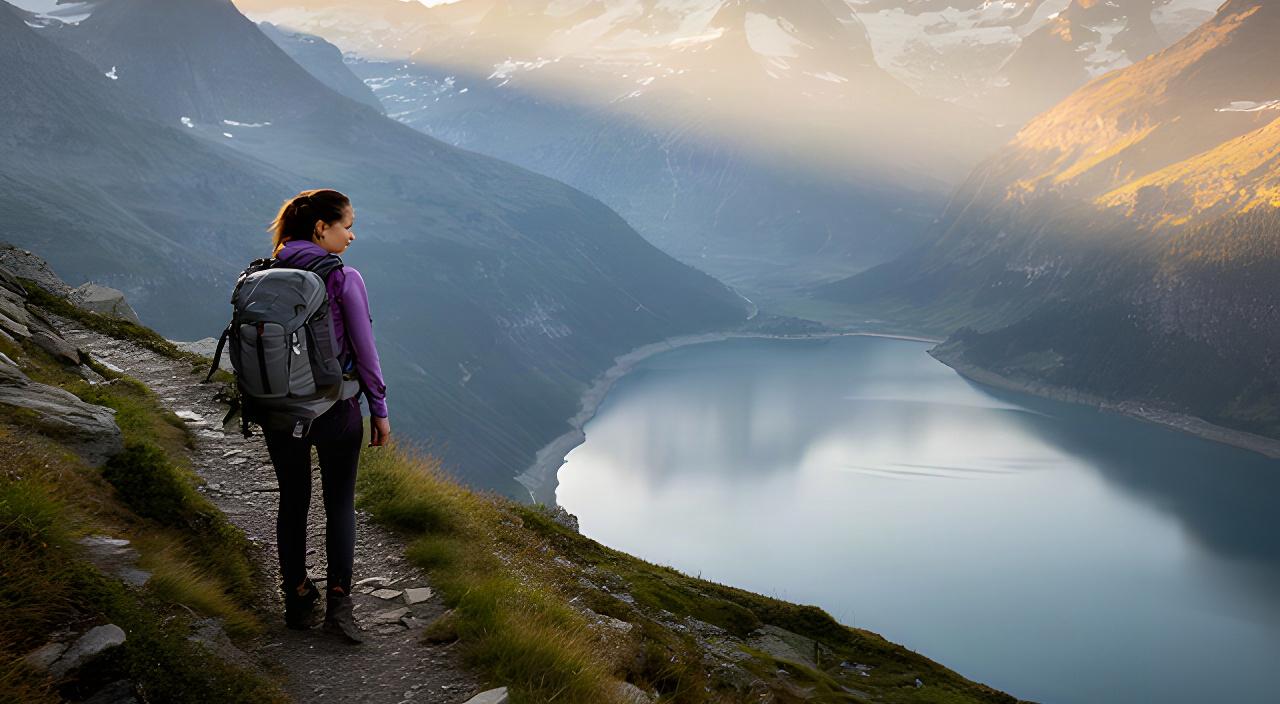 Wanderin mit Rucksack auf einem Höhenweg über einem Schweizer Alpensee bei Morgenlicht