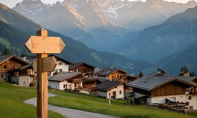Malerisches Schweizer Dorf mit Wanderwegweiser und Bergen im Hintergrund