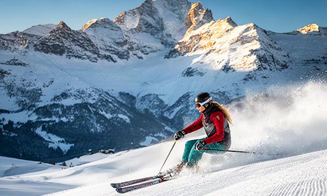 Skifahrerin auf einer verschneiten Piste mit schneebedeckten Schweizer Gipfeln